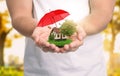 Insurance concept - umbrella demonstrating protection. Man holding house model with green lawn