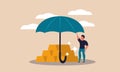 Insurance and cover money with risk and savings weather. Business invest and protection retirement vector illustration. Safety and