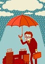 Insurance. Crisis management. A man with an umbrella protects the city.