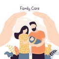 Insurance and healthcare concept background. Big hands covering tiny young love couple with newborn baby