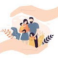 Insurance and healthcare concept background. Big hands holding and covering tiny young love couple with children