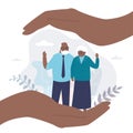 Insurance and healthcare concept. Big hands of businessman covering elderly african american couple with care. Medical or