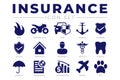 Insurance Icon Set with Car, Property, Fire, Life, Pet, Travel, Dental, Health, Marine, Liability Insurance Icons Royalty Free Stock Photo