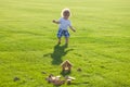 Insurance kids. Child development. Baby play in green grass.