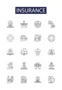 Insurance line vector icons and signs. Coverage, Risk, Liability, Protect, Underwrite, Deductible, Surety, Reinsurance Royalty Free Stock Photo