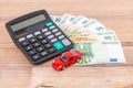Insurance, loan and buying car concept. Red car and euro banknotes. Calculator, euro money and red car. Royalty Free Stock Photo