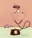 Insurance medicine. Therapist stethoscope bugs a wallet. Ambulance. On a textured watercolor paper background