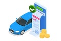 Insurance policy. Isometric Car Insurance services. Auto insurance policy with cash and key fob. Protection from danger