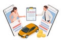 Insurance policy. Isometric Car Insurance services. Auto insurance policy with cash and key fob. Protection from danger