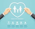 Insurance policy services conceptual design. Hand holding Heart shape to protect family paper cut style.