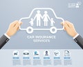 Insurance policy services conceptual design. Hand holding a paper family in car. Vector Illustrations Royalty Free Stock Photo