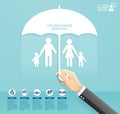 Insurance policy services conceptual design. Hand holding umbrella to protect family paper cut style. Royalty Free Stock Photo