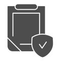 Insurance policy solid icon. Clipboard with shield vector illustration isolated on white. Safety document glyph style