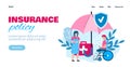 Insurance policy website banner with injured people, flat vector illustration.