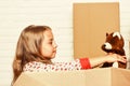 Insurance post package. Deliver your treasures. Storage for toys. Delivering happiness. Little child open post package
