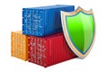 Insurance and protect freight transportation concept. Cargo containers with shield, 3D rendering Royalty Free Stock Photo