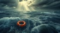 insurance, rescue and protection concept. lifebuoy in the waves of a stormy sea Royalty Free Stock Photo