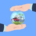 Insurance service hand protective gesture bubble car house on blue background flat