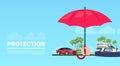 Insurance service hand umbrella protective house car on blue background flat copy space banner