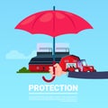Insurance service hand umbrella protective tractor farm agriculture on blue background flat copy space