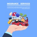 Insurance service protection concept hand car life home medical financial policy contract on blue background flat copy
