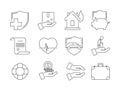 Insurance thin icons. Business protection auto fall damaged assured umbrella life insurance vector symbols