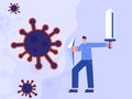 Insurance and vaccine concept. Man hold shield and sword protect from coronavirus