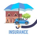 Insurance vector flat safe concept with hand holding umbrella over house and car Royalty Free Stock Photo