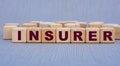 INSURER - word on wooden cubes on a beautiful gray background