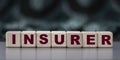 INSURER - word on wooden cubes on blurred camouflage background