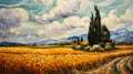 Inta wheat field lone tree distance swirly clouds background mis