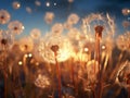 Intact dandelion - spore Pappus at dusk. Low angle photographic exquisite detail.Generative AI