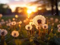 Intact dandelion - spore Pappus at dusk. Low angle photographic exquisite detail.Generative AI