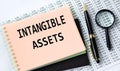INTANGIBLE ASSETS - words on a yellow notebook on a background of digital tables, a magnifying glass and a pen Royalty Free Stock Photo