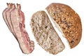 Integral Wholegrain Round Bread Loaf Sliced With Three Pork Belly Bacon Rashers Set Alongside Isolated On White Background Royalty Free Stock Photo