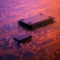 Integrated circuits on a printed circuit board with intricate copper pathways. The Royalty Free Stock Photo