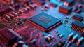 Integrated semiconductor microchip/ microprocessor on blue circuit board representative of the high tech industry and Royalty Free Stock Photo