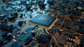 Integrated semiconductor microchip/ microprocessor on blue circuit board representative of the high tech industry and Royalty Free Stock Photo