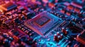 Integrated semiconductor microchip/ microprocessor on blue circuit board representative of the high tech industry and