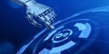 Integration data system technology concept. Robotic hand pressing virtual button 3d render.