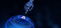 Integration data system technology concept. Robotic hand pressing virtual button 3d render