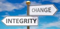 Integrity and change as different choices in life - pictured as words Integrity, change on road signs pointing at opposite ways to