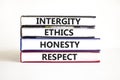 Integrity ethics honesty respect symbol. Concept word Integrity Ethics Honesty Respect on beautiful book. Beautiful white table