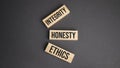 INTEGRITY, HONESTY, ETHICS words on wooden blocks on yellow background. Business ethics concept