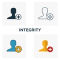 Integrity icon set. Four elements in diferent styles from business ethics icons collection. Creative integrity icons filled, Royalty Free Stock Photo