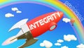 Integrity lead to achieving success in business and life. Cartoon rocket labeled with text Integrity, flying high in the blue sky