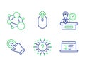 Integrity, Swipe up and Presentation time icons set. Touchscreen gesture, Question mark and Web lectures signs. Vector