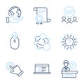 Integrity, Swipe up and Presentation time icons set. Touchscreen gesture, Question mark and Web lectures signs. Vector
