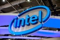 Intel company logo on exhibition fair Cebit 2017 in Hannover Messe, Germany