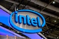 Intel company logo on exhibition fair Cebit 2017 in Hannover Messe, Germany